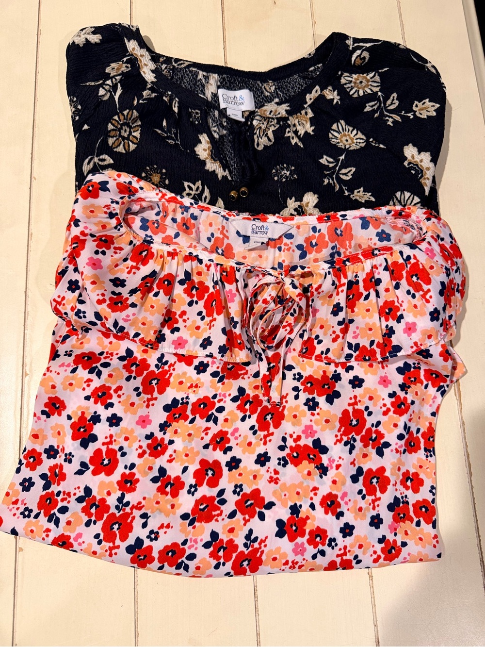 croft & barrow pink floral ruffle blouse & black & cream flowered blouse
